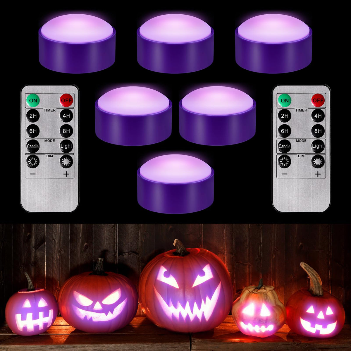 Riakrum 6 Pieces Halloween Remote Timer LED Lights with Remote Summer Halloween LED Pumpkin Lights Battery Operated Lantern Bright Flameless Candle(Purple,Purple Light)