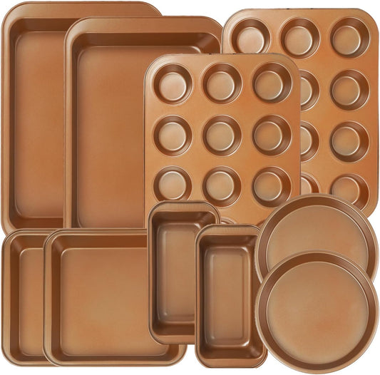 10PCS Nonstick Baking Pans Set | Oven & Dishwasher Safe Bakeware - Includes Cookie Sheets, Muffin Pan, Bread Pan, Cake Pan, Roasting Pan - Gold