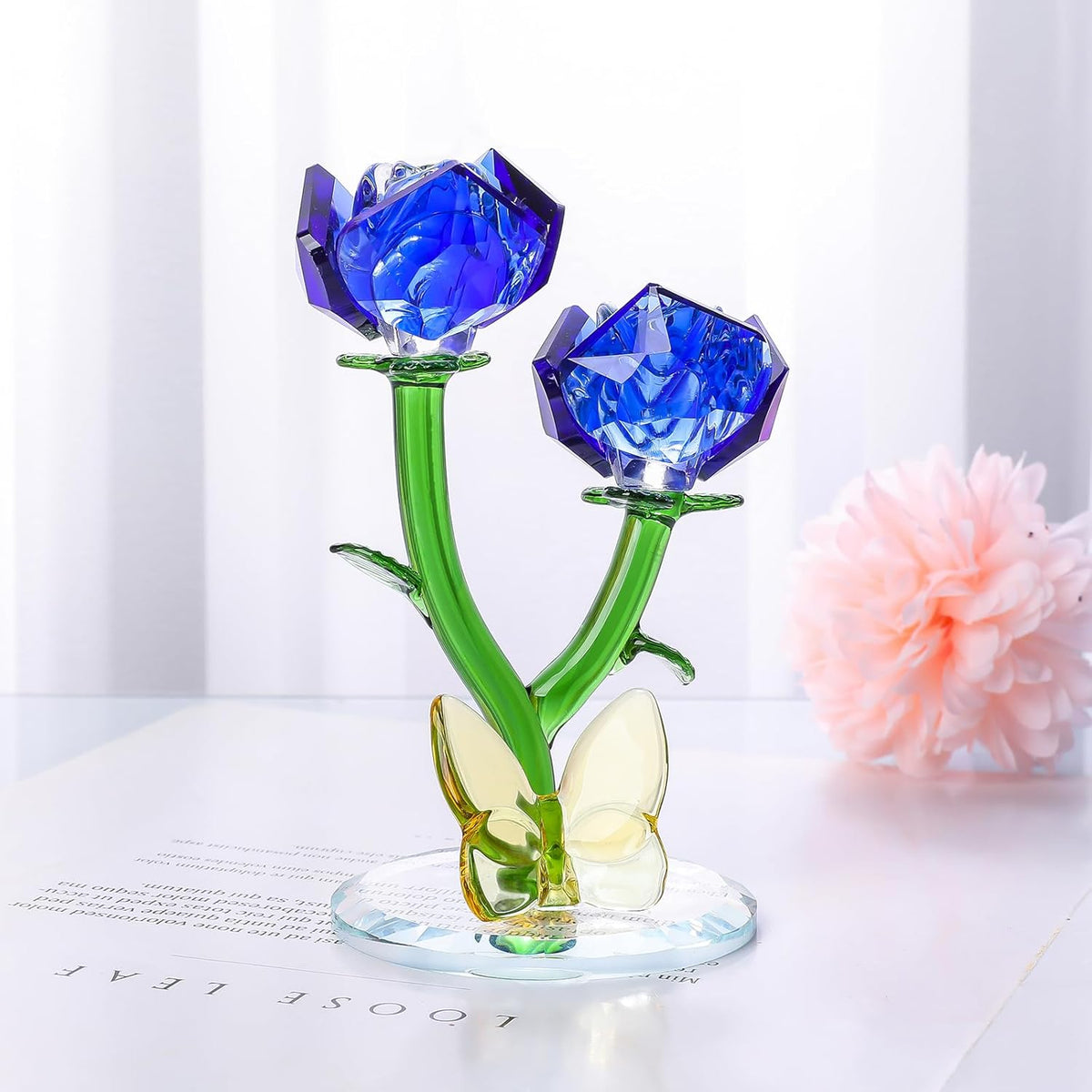 LONGWIN Crystal Blue Rose Figurine - Elegant Glass Flower Bouquet Home Decor Gift for Women