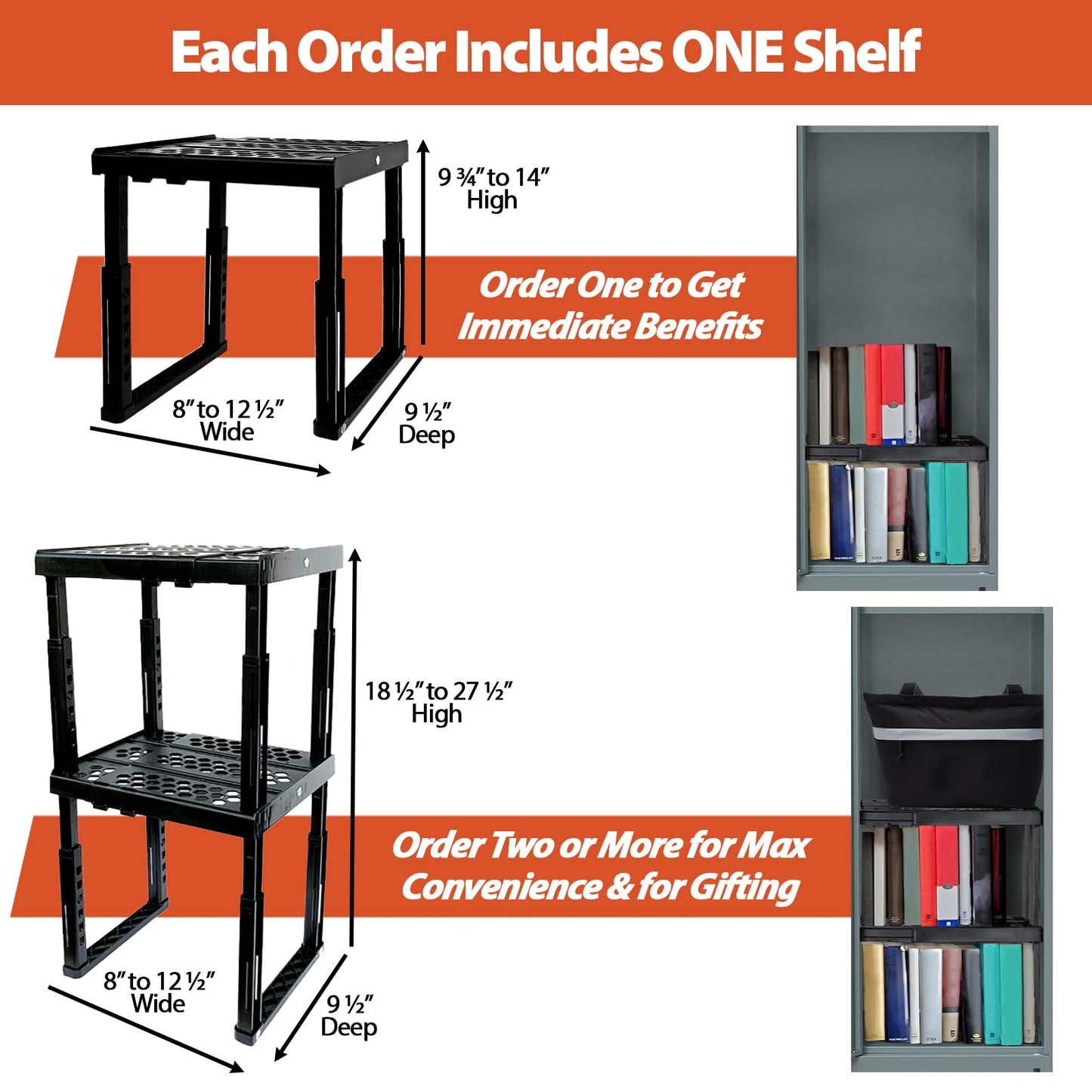 Piffny Locker Organizer Shelf， Adjustable Width and Height, Ideal Locker for School, Office, and Gym Lockers (Black 2 Pack), PLKSLF01