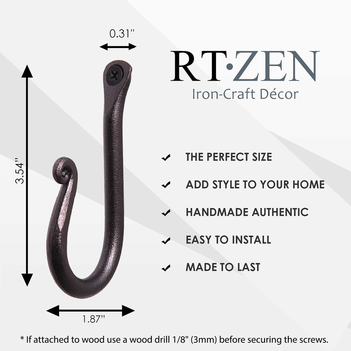 RTZEN Wall Mount Hook Set - Wrought Iron Decorative Rustic Metal Coat Hooks for Hanging - Handcrafted Classic Farmhouse Wall Mounted Black Hooks for Towel Robe or Hat Hanging - 3 Pack