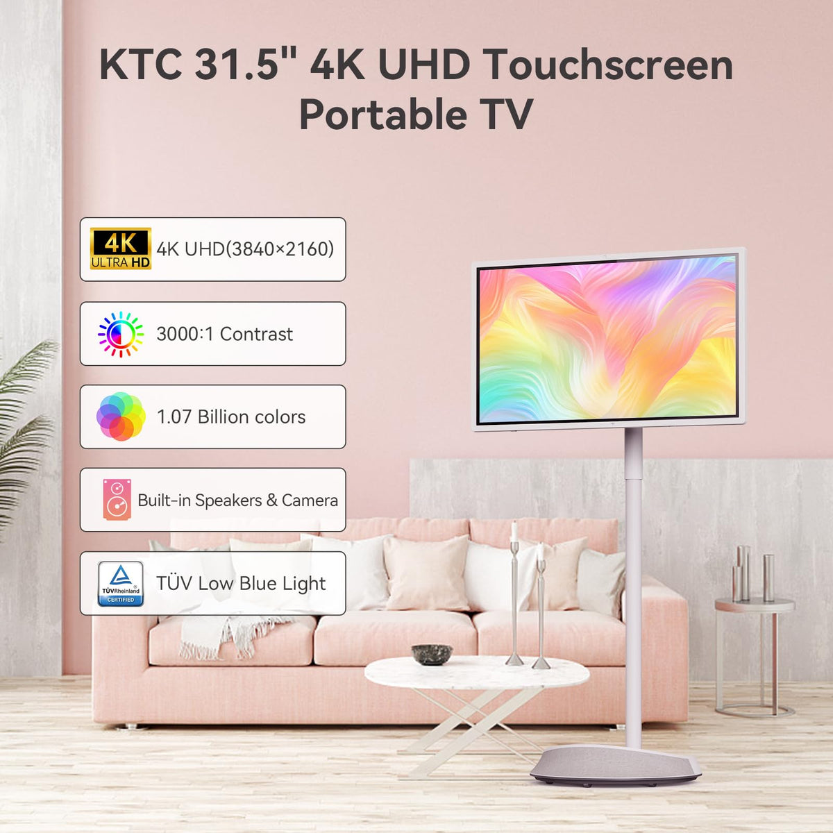 KTC 32" 4K Smart Portable TV MEGAPAD, Google EDLA Certified, UHD Touchscreen Rolling TV on Wheels with Speaker & Camera, 16G RAM+256G Storage, Built-in Battery, Full Swivel Rotation, Remote Control