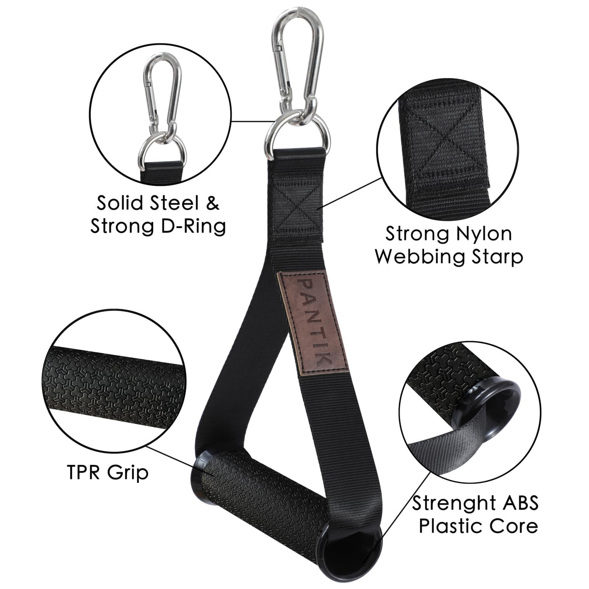 PANTIK Heavy Duty Exercise Handles Gym Cable Machine Attachments Durable D Rings Handles Resistance Bands Handles Stirrup Handle Fitness Grip Nylon Strap Solid ABS Cores with Carabiners Set of 2