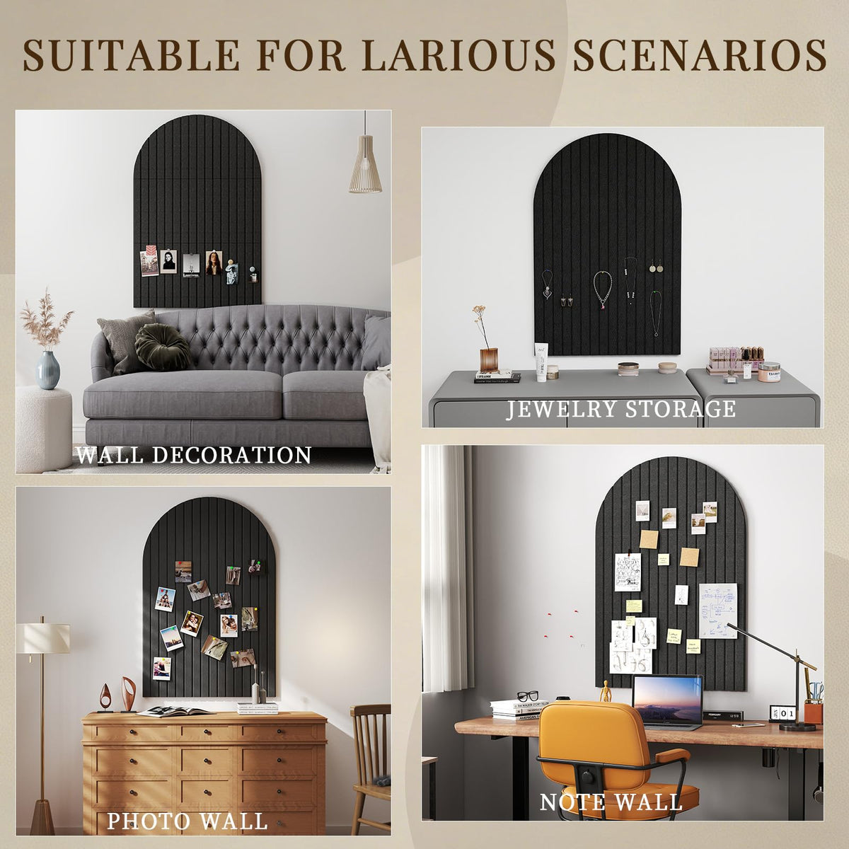 JBER Large Arched Felt Bulletin Board 36" x 24" - 6 Pack Felt Wall Tiles, Cork Board Alternative to Use in Office & Home Decor, Classroom Decor, Vision Board to Display Your Photos(Black)