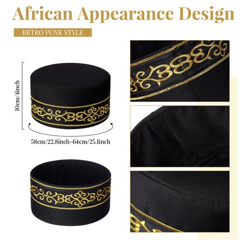 Jiuguva 2 Pcs African Hats for Men Pattern African Kente Kufi Hats and Stole Sash for Black History(Embroidery)