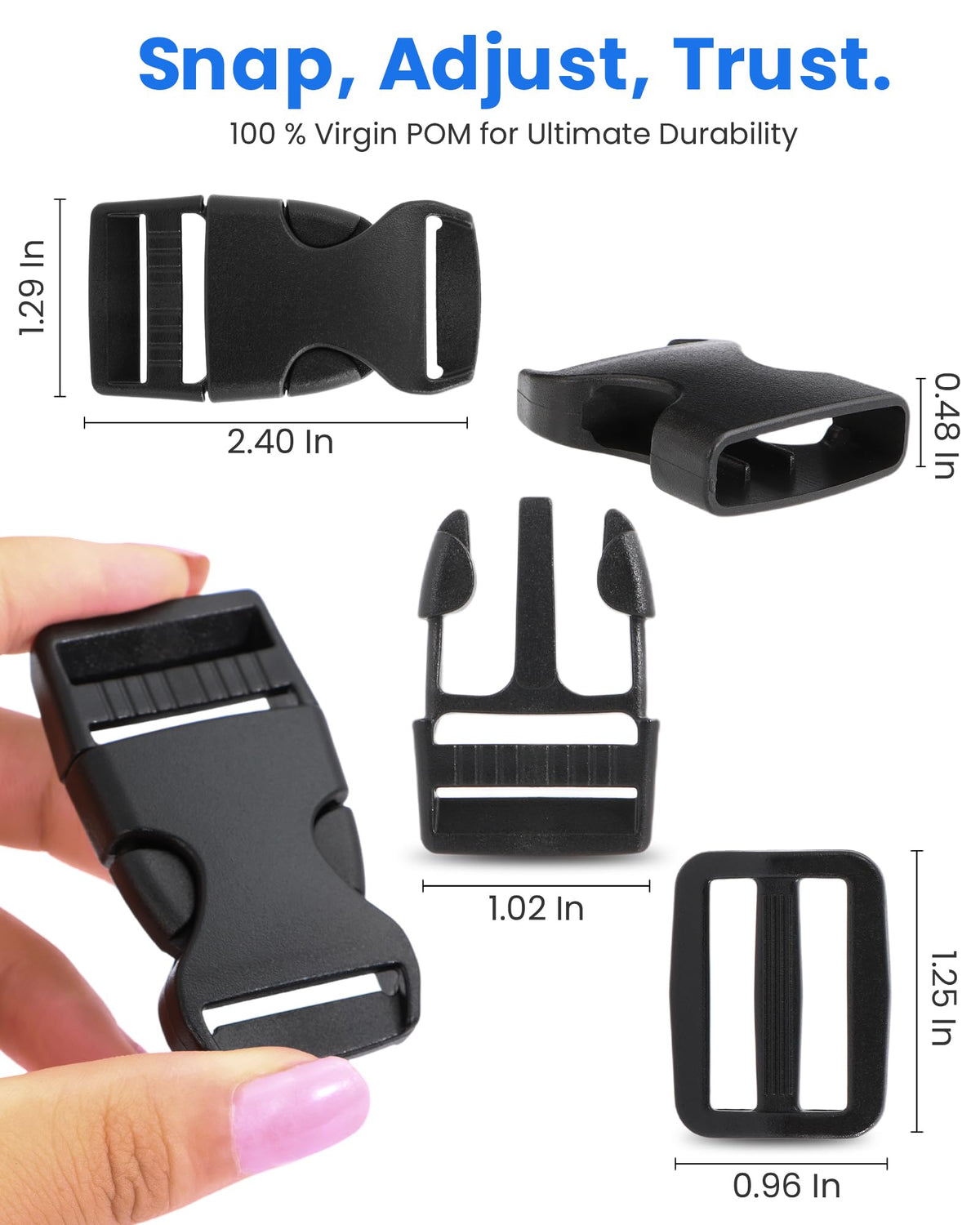 Buckle & Strap Kit - 6 Yards 1 Inch Wide Polyester Webbing Stronger Than Nylon, 6 Plastic Quick Release Buckles & 12 Triglide Clips, Adjustable Extender Straps for Backpack, Dog Collar, Fanny Pack