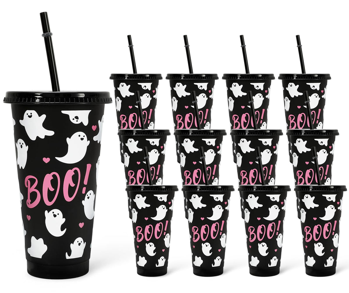 JarThenaAMCS 12Pcs Halloween Plastic Cups with Straw and Lid Cute Ghost Tumbler 24oz Boo Plastic Cups for Cold Drinks Halloween Decoration Party Favors