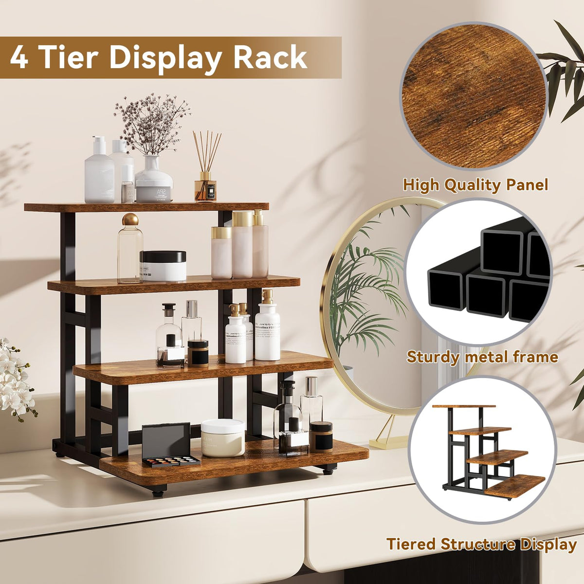 IBUYKE 4 Tier cupcake stand, Set of 2,Wooden Risers Display Stands Serving Trays,Tiered Display Stand,Dessert Table Display for Party,Afternoon Tea,Rustic Brown UTLJ018H-2
