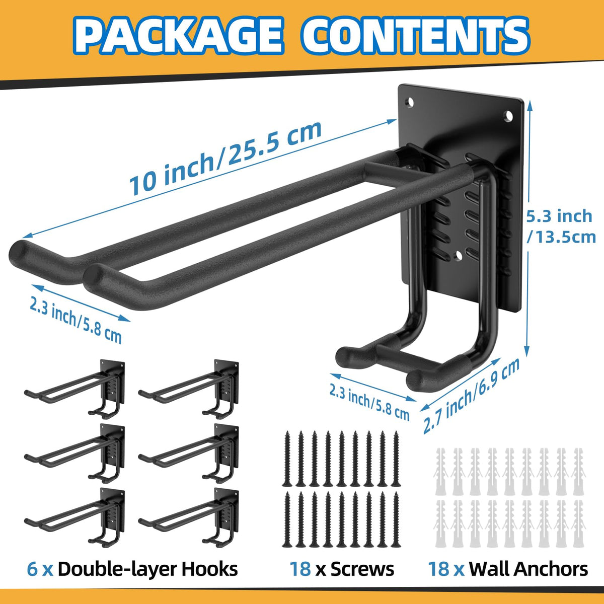 6 Pack Garage Hooks 10 INCH Heavy Duty Two-Tier Steel Shed Wall Mount Workshop Garage Storage Tool Organizer Hooks for Hanging Garden Tool, Hose, Ladder, Chairs, Bikes with Anti-Slip Coating