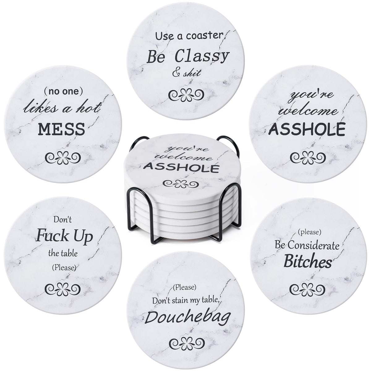 Hoewina 6Pcs Drink Coasters with Holder, Marble Style Ceramic Drink Coaster, Absorbent Coasters Set Suitable for Kinds of Cups, Modern Style Coasters for Coffee Table, 4 Inches（Style 10）