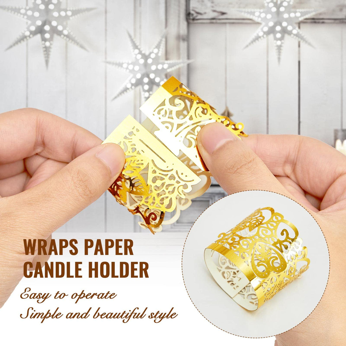 Tealight Votive Wrap Votive Candle Holders Laser Cutting Paper Candle Holder for Table LED Tealight Decor Party Wedding (Gold,100 Pieces)