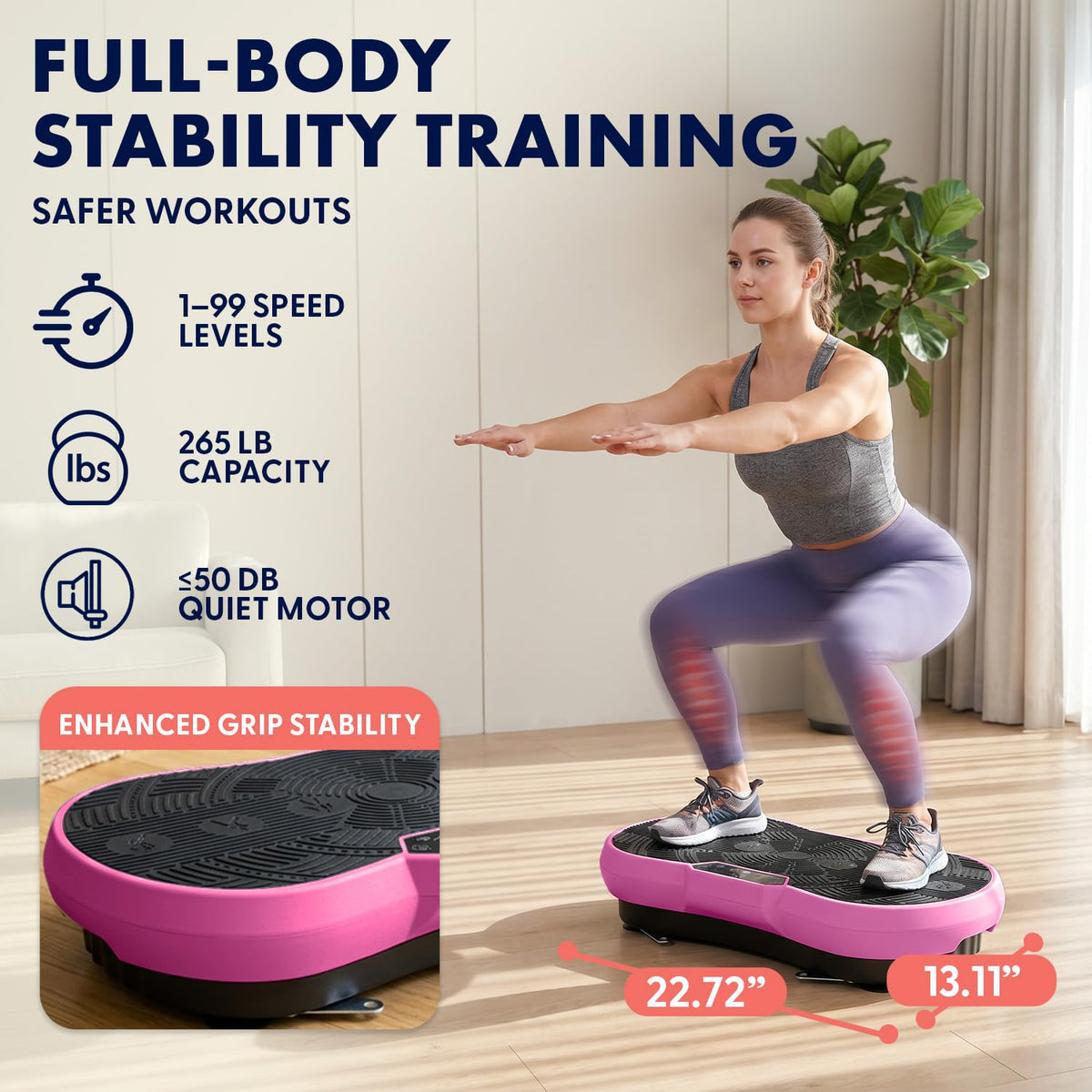 SQUATZ Vibration Plate Exercise Machine | Low-Impact Full Body Vibrator Plate with 99 Speed Levels & 9 Preset Programs | Resistance Bands & Remote Included | 265 lb Capacity | For Home & Office | Pink