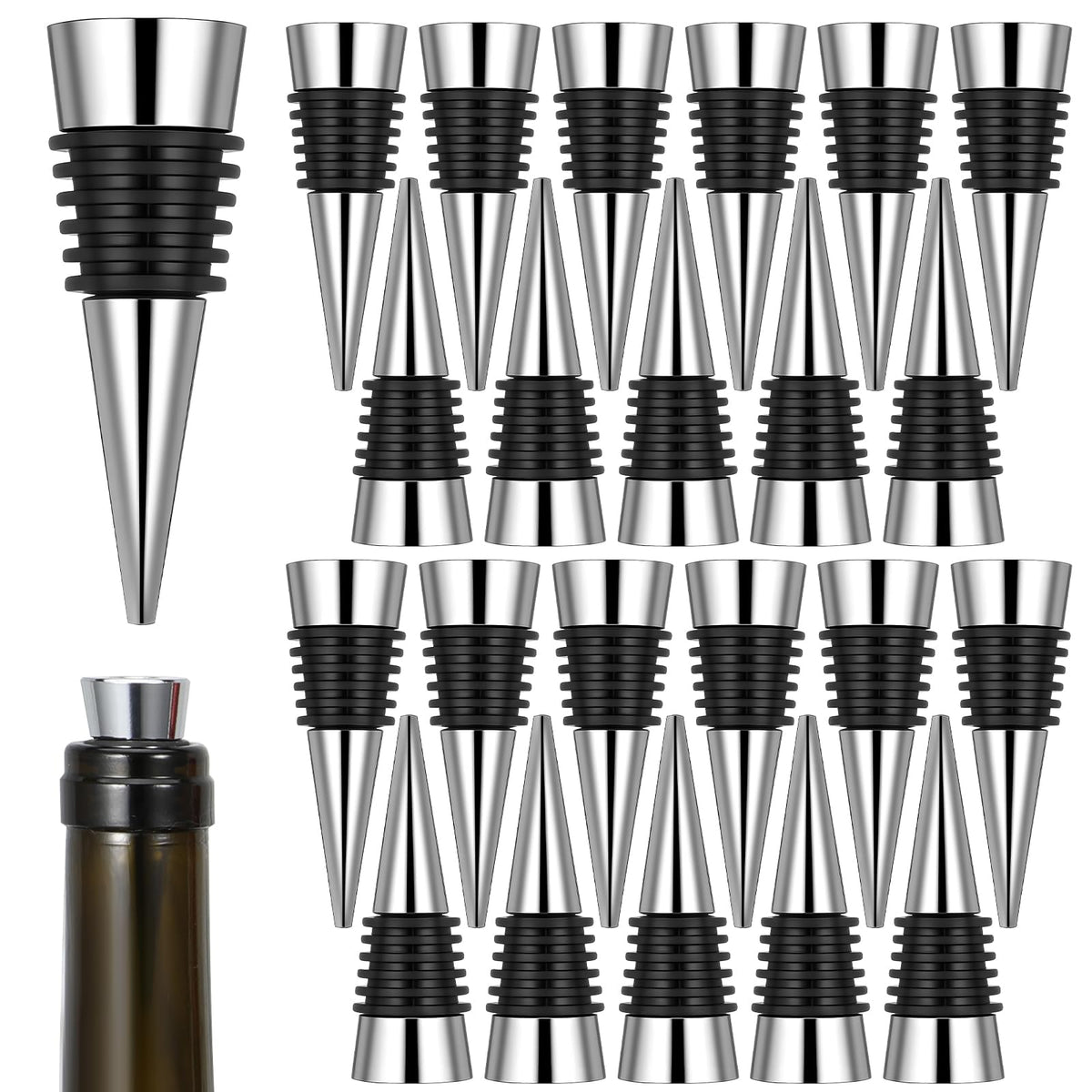 25 Pieces Wine Bottle Stopper Set Kit Reusable Decorative Bottle Stoppers Stainless Steel Wine-Bottle Stopper Kit for Kitchen, Bar, Gifts, Holiday Party, Wedding(Metal Silver)