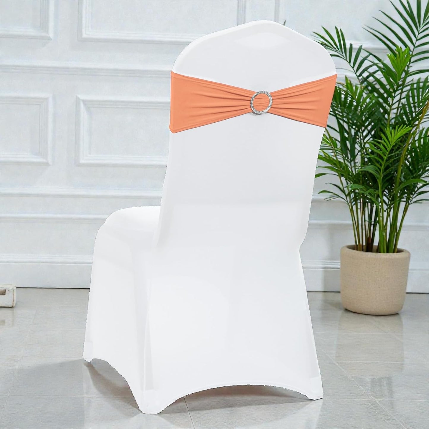MDS Premium Spandex Chair Sashes - Stretchy Bow Covers with Buckle Slider for Weddings | 25 Pack - Peach