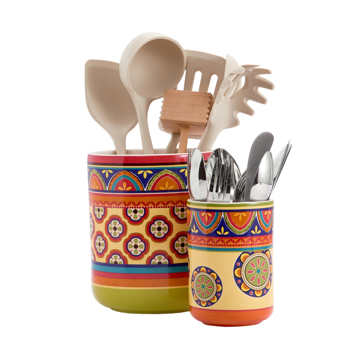 Bico Tunisian Ceramic Utensil Holder Set of 2 for Kitchen Counter, 7"+5" Large Cooking Utensil Crock Organizer, Lead & Cadmium Free, Dishwasher Safe, Decorative Kitchen Décor