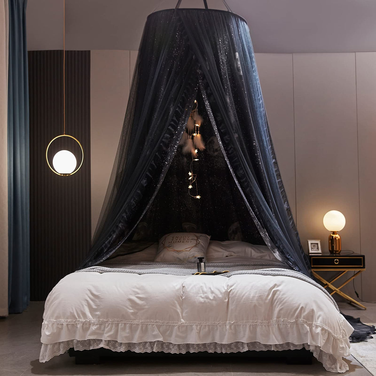 Kertnic Gorgeous Moon Printed Printed Bed Canopy for Girls & Adults, Room Decorative Cozy Bed Curtain Canopy Drapes, Round Dome Luxurious Lace Princess Canopies Mosquito Netting (Print Moon)