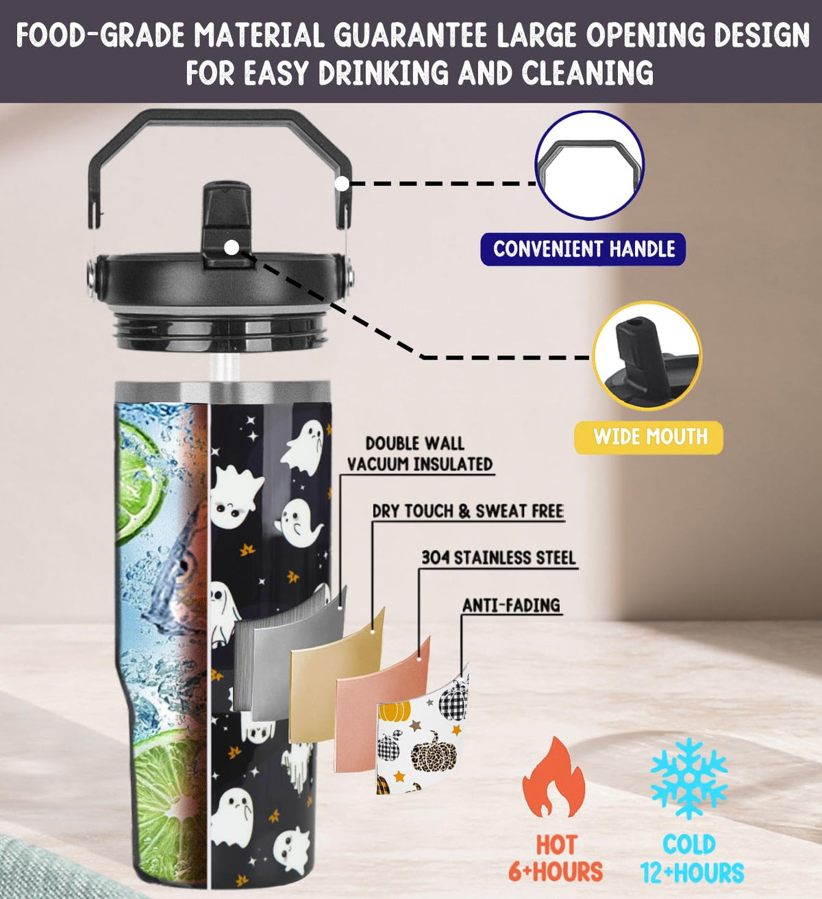 Zifmrtrwn Halloween Tumbler with Handle and Flip Straw Ghost Gifts Coffee Travel Mug Insulated Water Bottle Cup Ghosts Halloween Decor Gifts-30 oz(1PCS)