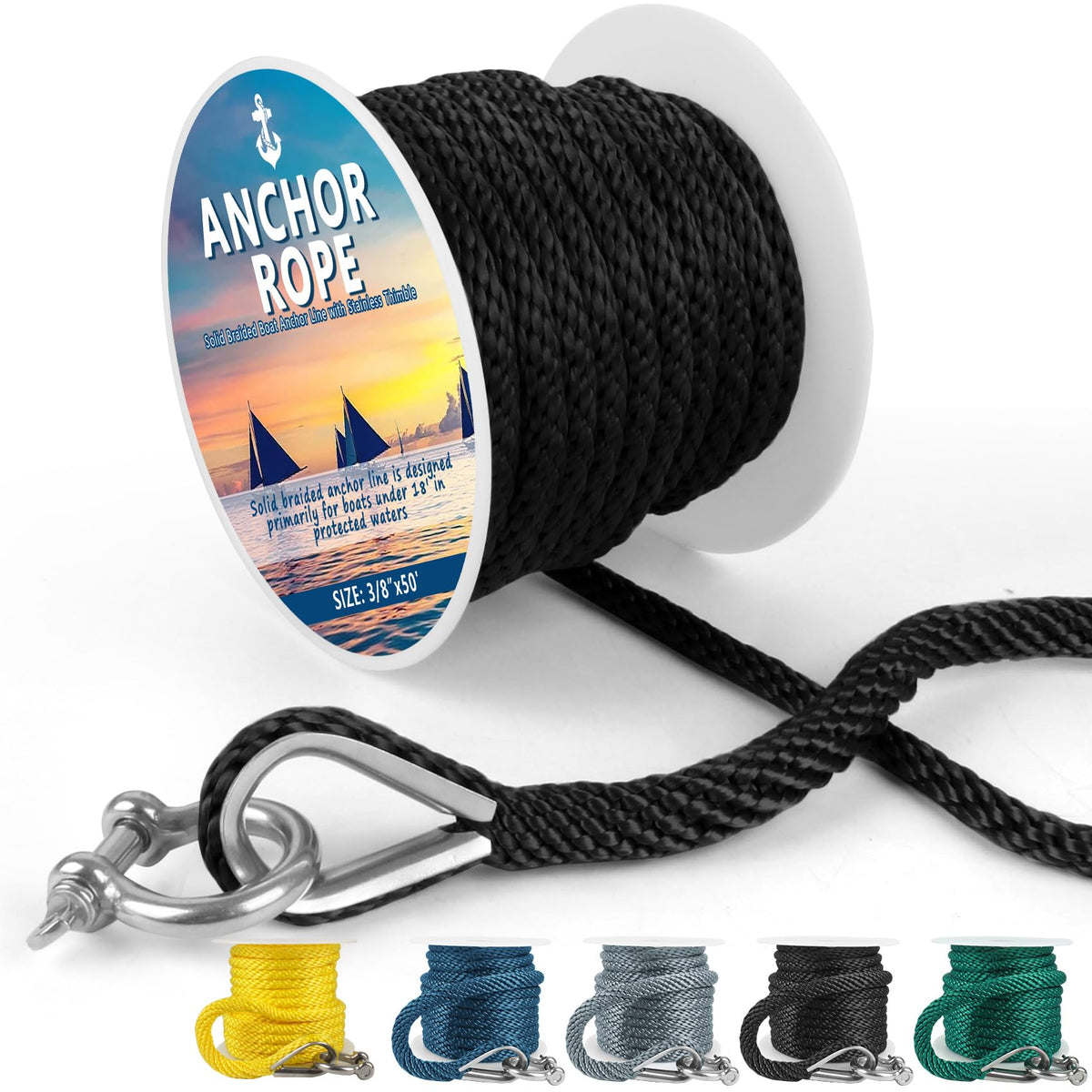 Anchor Rope 50 Ft X 3/8 Inch, Premium Solid Braid MFP Anchor Line, Boat Anchor Rope with Stainless Steel Thimble and Shackle (Black)
