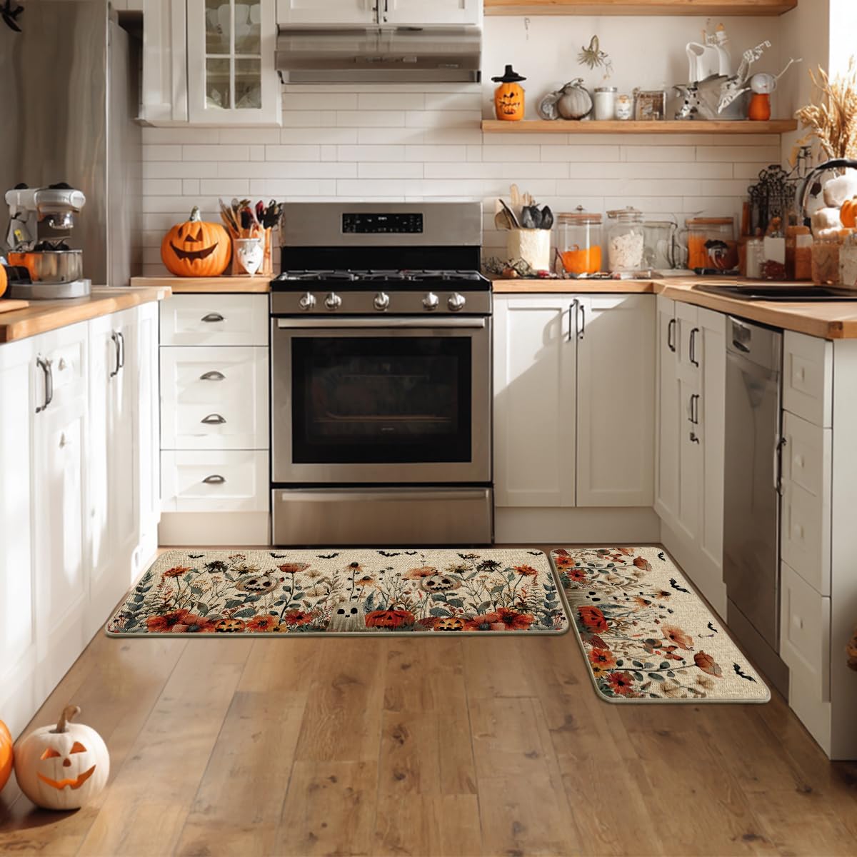 Artoid Mode Ghost Jack-O'-Lantern Pumpkin Flowers Halloween Kitchen Mats Set of 2, Low-Profile Home Decor Kitchen Rugs for Floor - 17x29 and 17x47 Inch