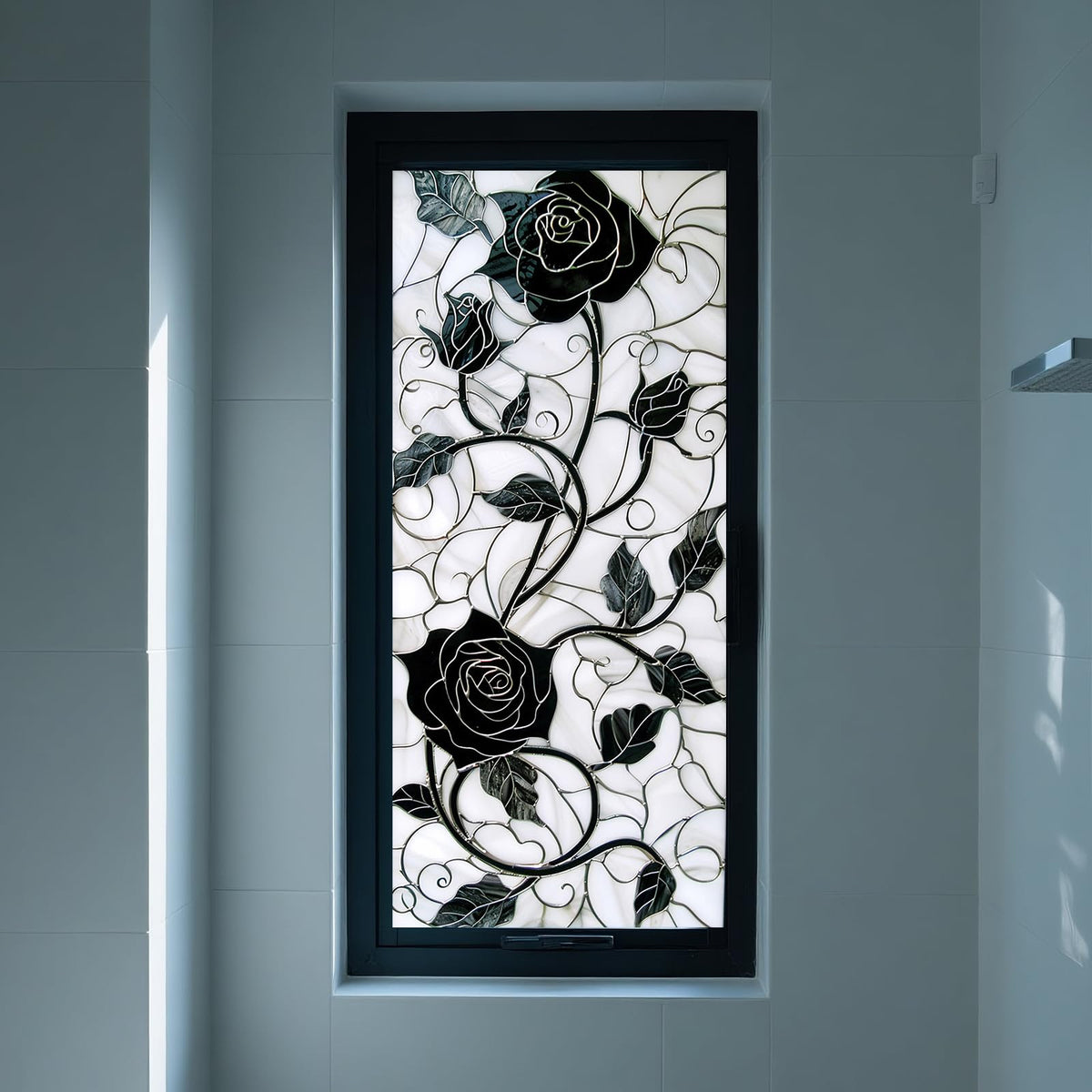 IVN Privacy Window Film Black Rose Vine Decorative Window Cling Stained Glass Style Static Cling Glass Sticker for Bathroom Entryway Kitchen Door Panel 17.7 x 39.3 Inch
