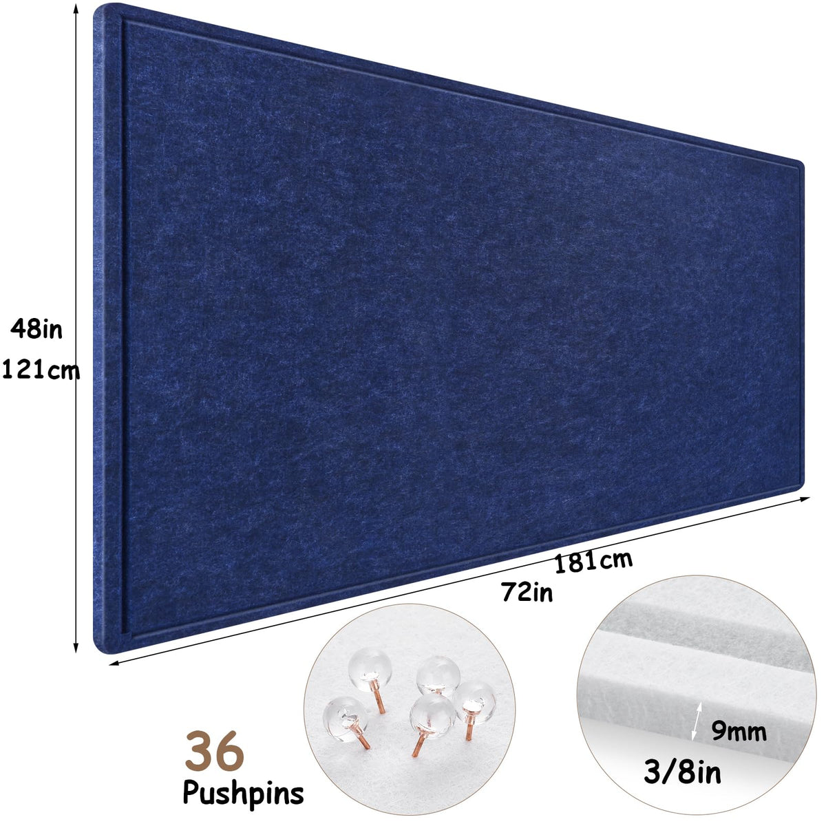 Large Bulletin Board, 72x48 Inches Cork Board Alternative, Large Felt Board Decorative Pin Board for Wall, Foldable Photo Board Self-Adhesive Vision Board with 36 Pushpins Dark Blue