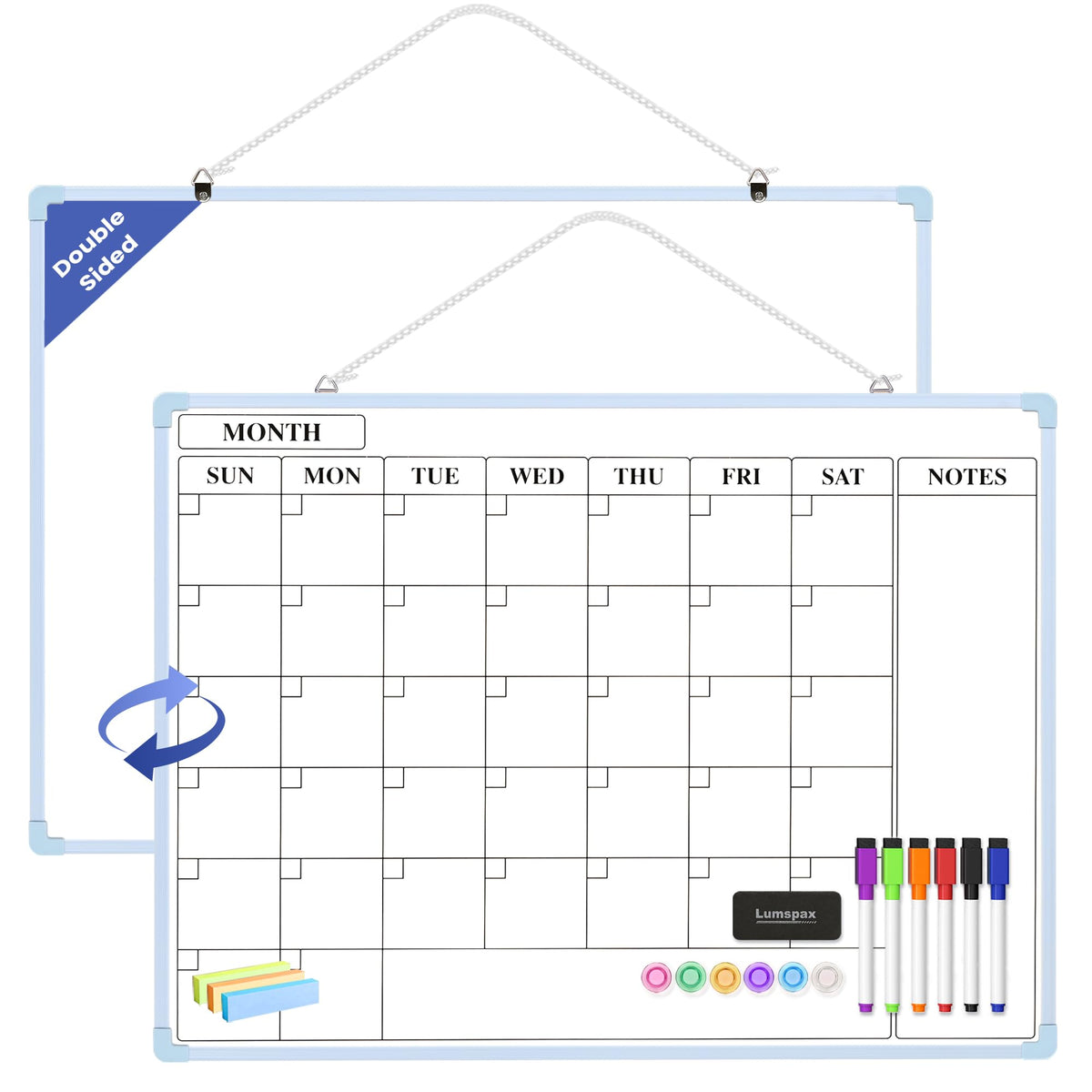 Lumspax Monthly Whiteboard Calendar for Wall, 24" x 18" Dry Erase Board with Plastic Frame, Hanging Dry Erase Calendar with 3 Mini Sticky Notes for Kitchen Planner, Memo, Home and Office, Blue