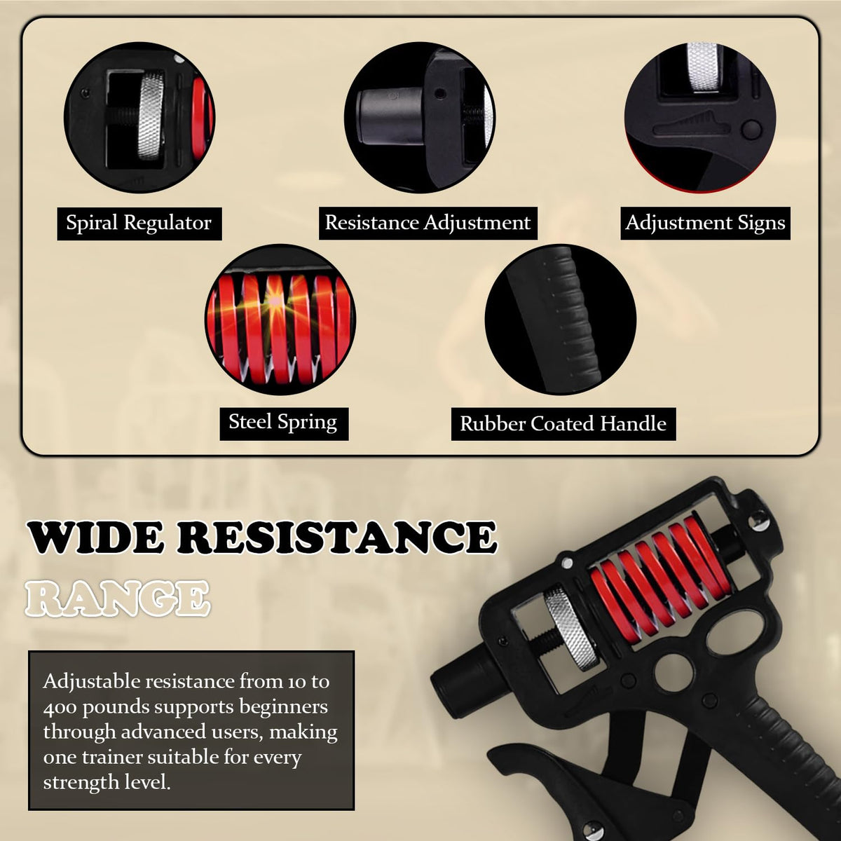 Adjustable 10–400 lb Grip Strength Trainer (Premium Adjustable Grip Strengthener for Forearm Training) Alloy Frame, Titanium-Plated Steel, TPR Non-Slip Handles | Color Black