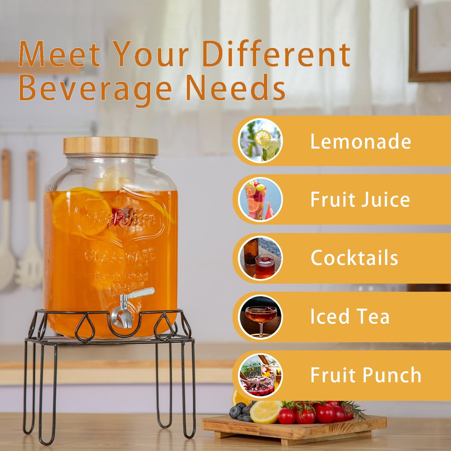 2 Gallon Glass Drink Dispenser with Stand and Bamboo Lid, Lemonade Dispenser with Stainless Steel Spigot, Glass Beverage Dispenser for Parties, Weddings, Kombucha, BBQ