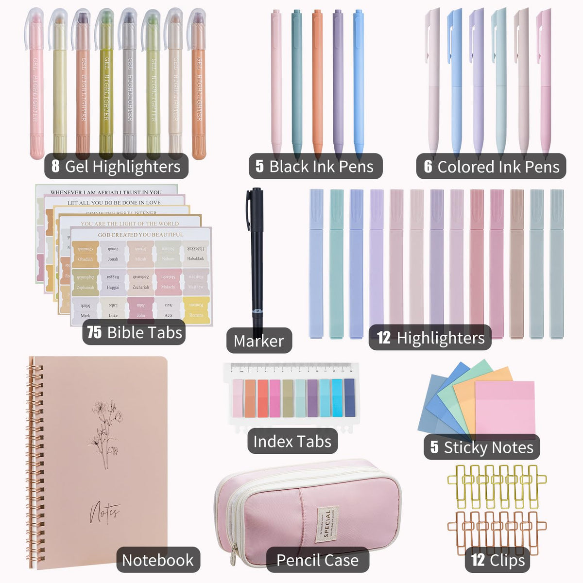 KOPKOFT Bible Study Supplies, Bible Journaling Kit for Women with Journal, Pen Case, Tabs, Highlighters and Pens, Bible Accessories Set for Women Students Beginner, Christian Gifts (Pink)