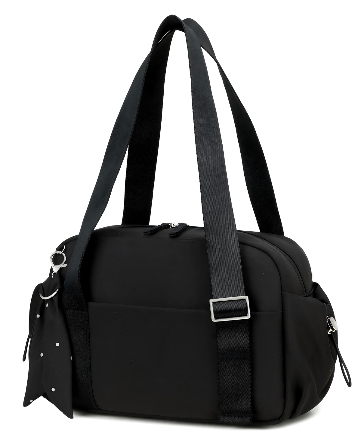 LOIDOU Small Gym Bag for Women, Mini Sports Duffel Bag with Wet Compartment, Pink Bow Pattern, Cute Workout Yoga Dance Tote (Black)