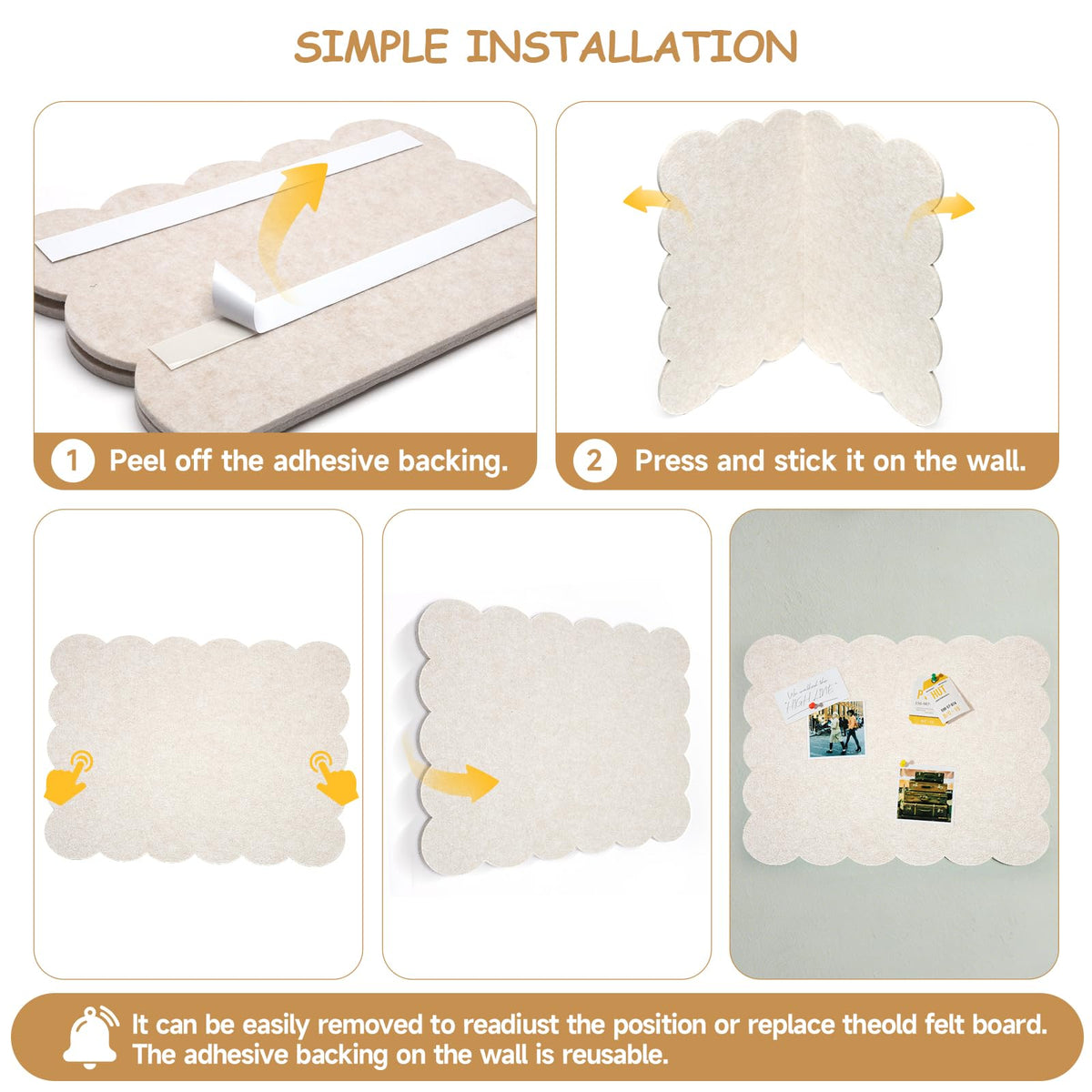 Felt Bulletin Board 36" x 24" Cork Board Alternative,Decorative Felt Pin Board Foldable Cork Boards for Walls Self-Adhesive Cork Board for Home Office Classroom Pin Board (Beige)