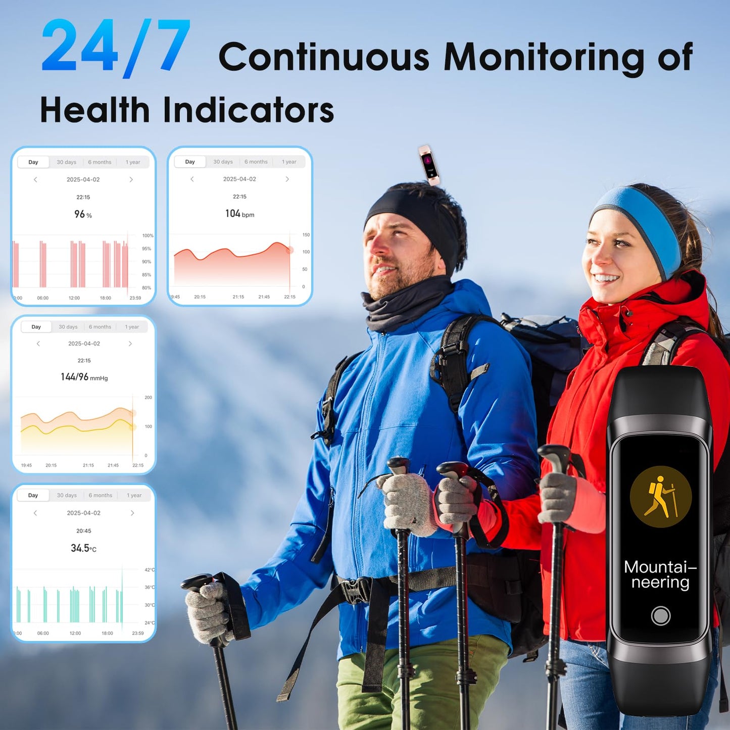 VUHIGIB Fitness Tracker, 24/7 Heart Rate Blood Oxygen Blood Pressure Body Temp Monitor Sleep Calorie Tracker with 1.1" AMOLED Touch Color Screen Pedometer Smart Watch Waterproof for Women Men