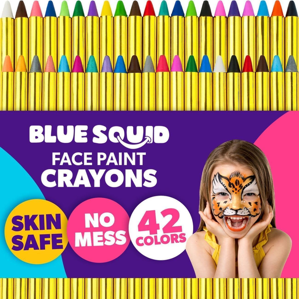 Blue Squid Face Paint Crayons for Kids - 42pcs XL Non-Toxic, Washable Body Paint Crayons - Our Face Painting Kit Makeup Sticks are Easy to Use, Safe for Sensitive Skin and Perfect for a Kids Party