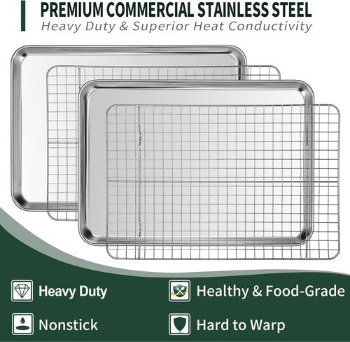 CEKEE Stainless Steel Jelly Roll Pan Set - 2 Baking Pans & 2 Cooling Racks, Nonstick & Rust Proof, 15.94 x 12 x 1 Inch