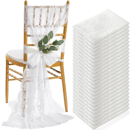 Tiamon 24 Pcs White Lace Chair Sashes for Wedding Decoration 10.2x118 Inch Floral Lace Chair Bows Long Chinlon Aisle Decor for Rustic Vintage Bridal Shower Banquet Birthday Party Engagement Decor