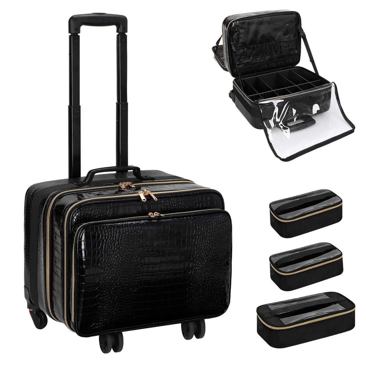 OCHEAL 18 Inch Rolling Makeup Train Case, Extra Large Travel Cosmetic Organizer Storage Trolley with Wheels, 3 Layers & 3 Travel Makeup Bags Carry On for Hairstylist Cosmetology Artist
