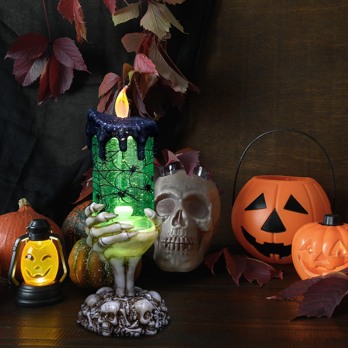 Eldnacele Halloween Snow Globe Candles Lighted Lamp USB Powered Battery Operated Spooky Spinning Water Glittering Tornado Flameless Candles Skeleton Hand Holder Halloween Centerpiece Decor(Spider)