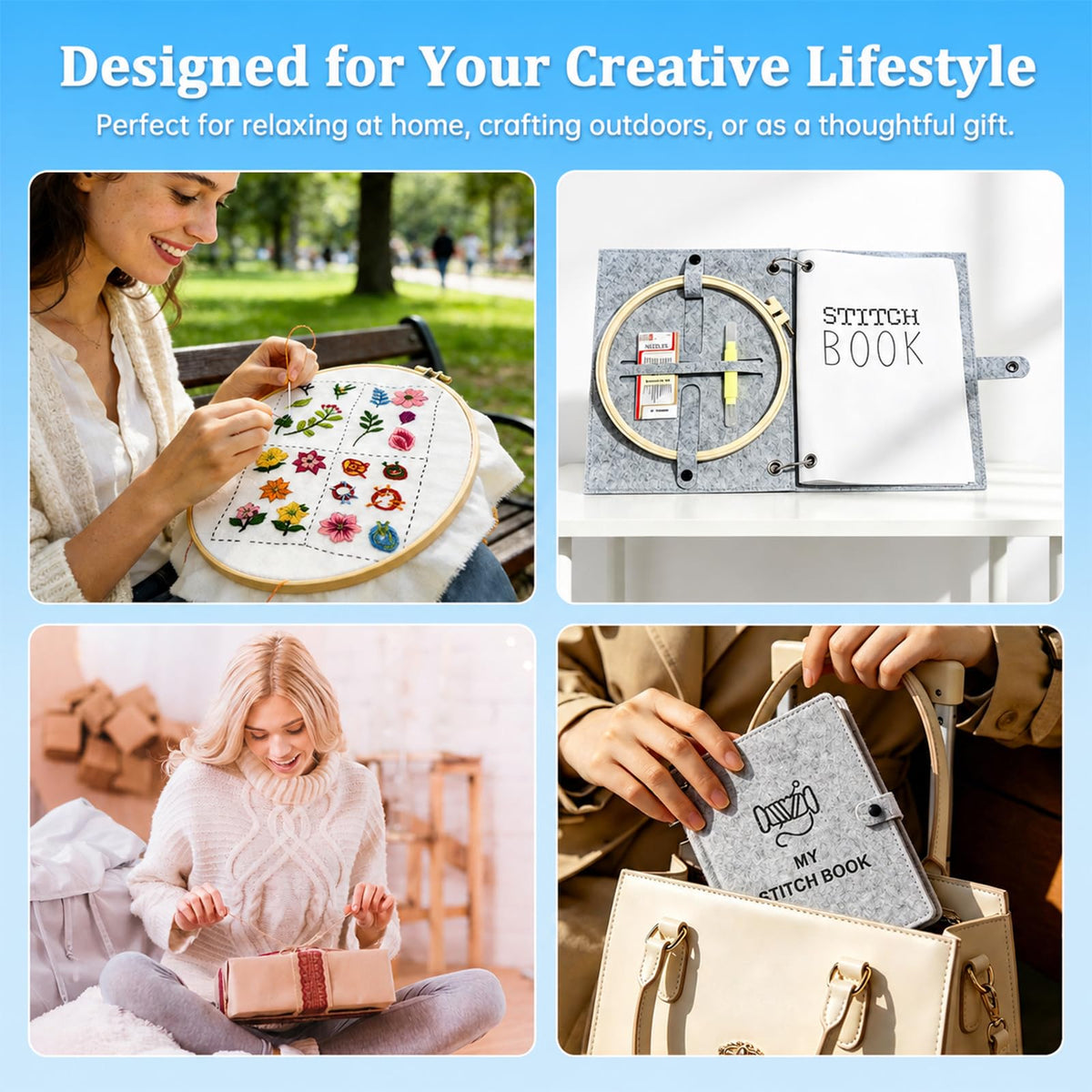 2026 Upgraded Embroidery Stitch Book Kit with 8.27"x10.65" Portable Loose-Leaf Cover, 103 Stitches & 60 Patterns, All-in-One Hand Embroidery Kit for Beginners with Tools & Step-by-Step Video Tutorials