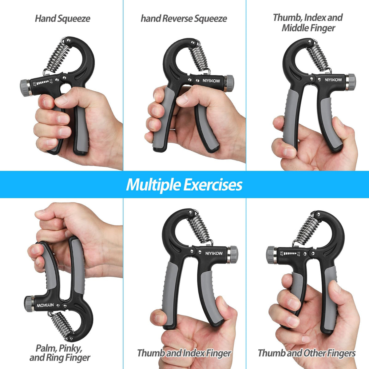 NIYIKOW 2 Pack Grip Strength Trainer, Hand Grip Strengthener, Adjustable Resistance 22-132Lbs (10-60kg), Forearm Strengthener, Perfect for Musicians Athletes - Grey