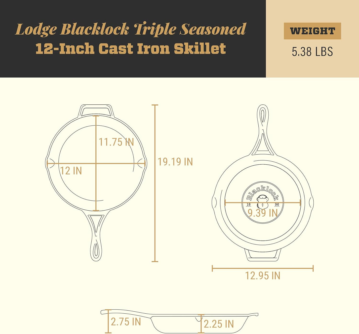 Lodge Blacklock 12" Triple Seasoned Cast Iron Skillet - Lightweight Design | Effortless Cleanup