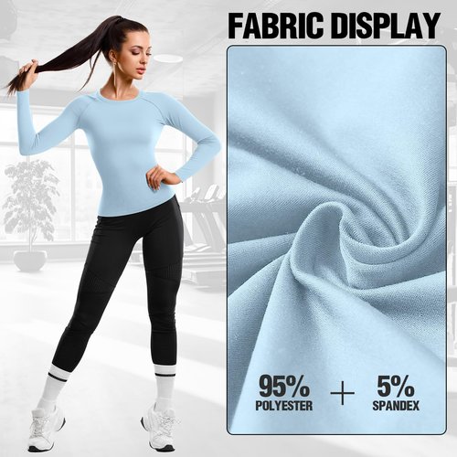 Coume 4 Pack Women's Compression Long Sleeve Shirts Crew Neck Workout Tops Quick Dry Gym Running Athletic Sports Underscrubs(Light Blue Light Pink White Black,Medium)
