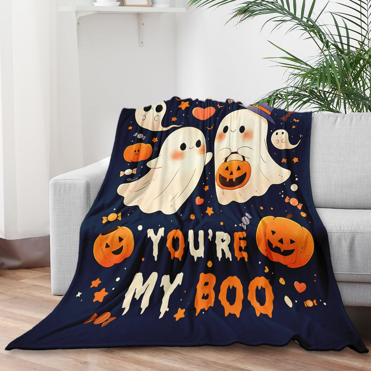 60×50 Halloween Throw Blanket for Women Men, Summerween Couple Boo Throw Blanket, Halloween Fall Flannel Blankets Hallo-Ween Boo Basket Stuffers for Him Her National Boyfriend Day Sofa Blankets