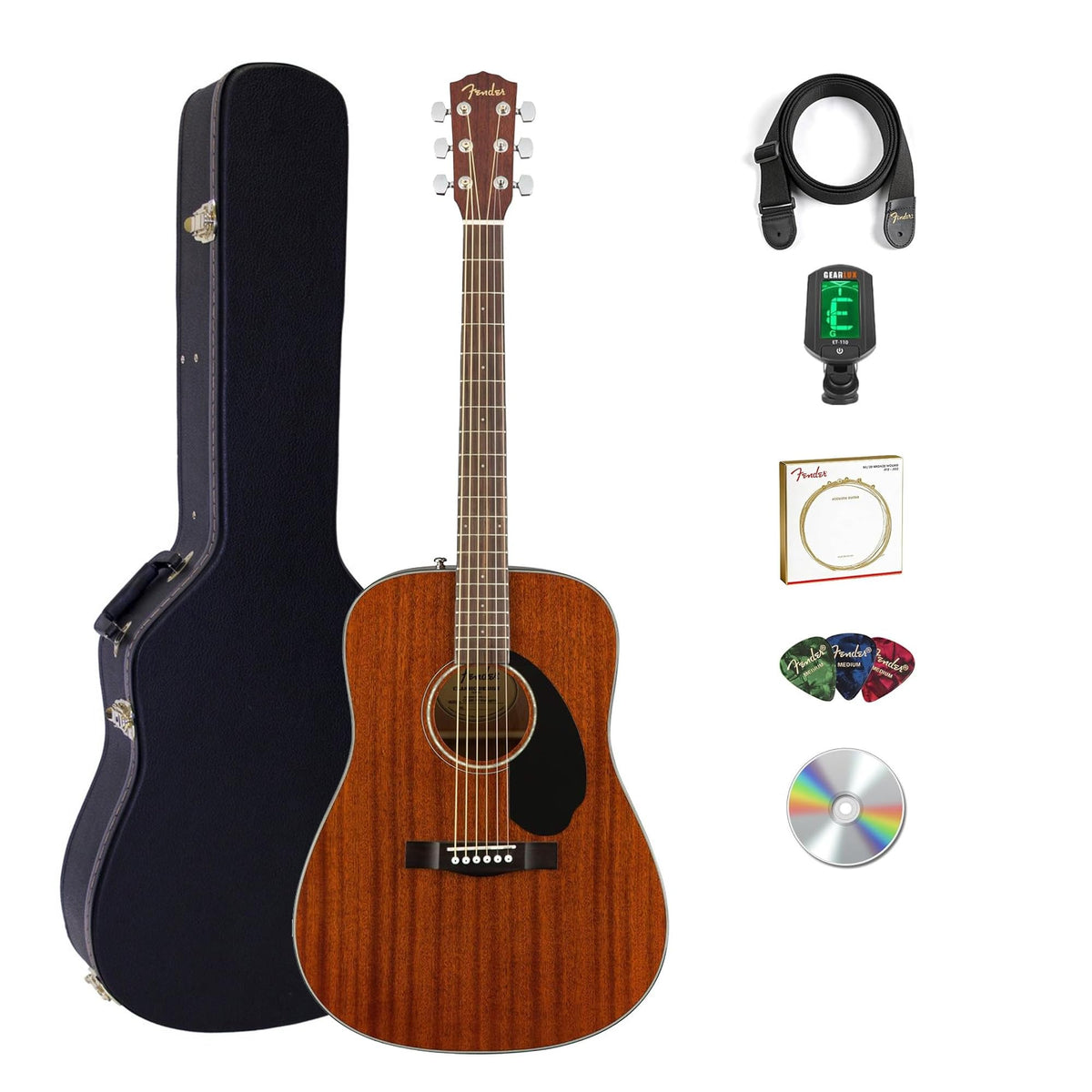 Fender CD-60S Solid Top Dreadnought Acoustic Guitar - All Mahogany Bundle with Hard Case, Tuner, Strap, Strings, Picks, and Austin Bazaar Instructional DVD