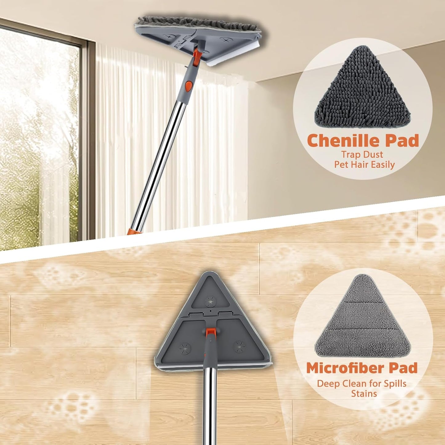 UIMO Wall Cleaner Mop - 2-in-1 Triangle & Rectangle Head with 94" Long Handle | 10 Washable Pads