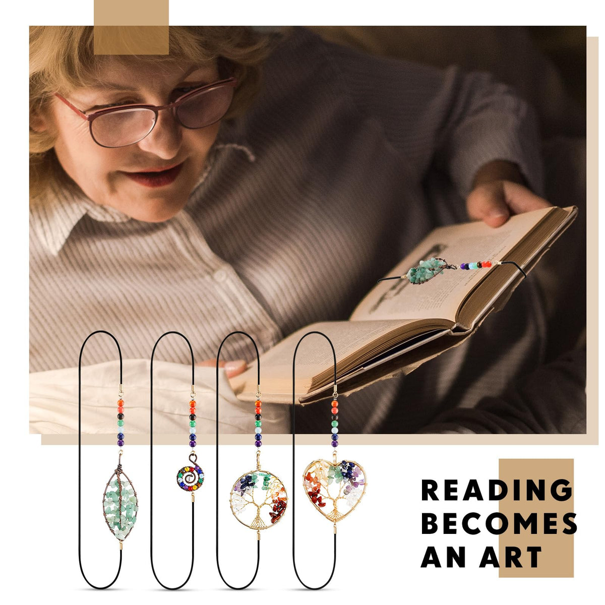 Sabary 4 Pieces Crystal Bookmarks for Book Lovers Tree Elastic Bookmark for Women Handmade Antique Beading 7 Chakra Crystals Tree Shape for Office Teacher Student Reading Birthday Gifts