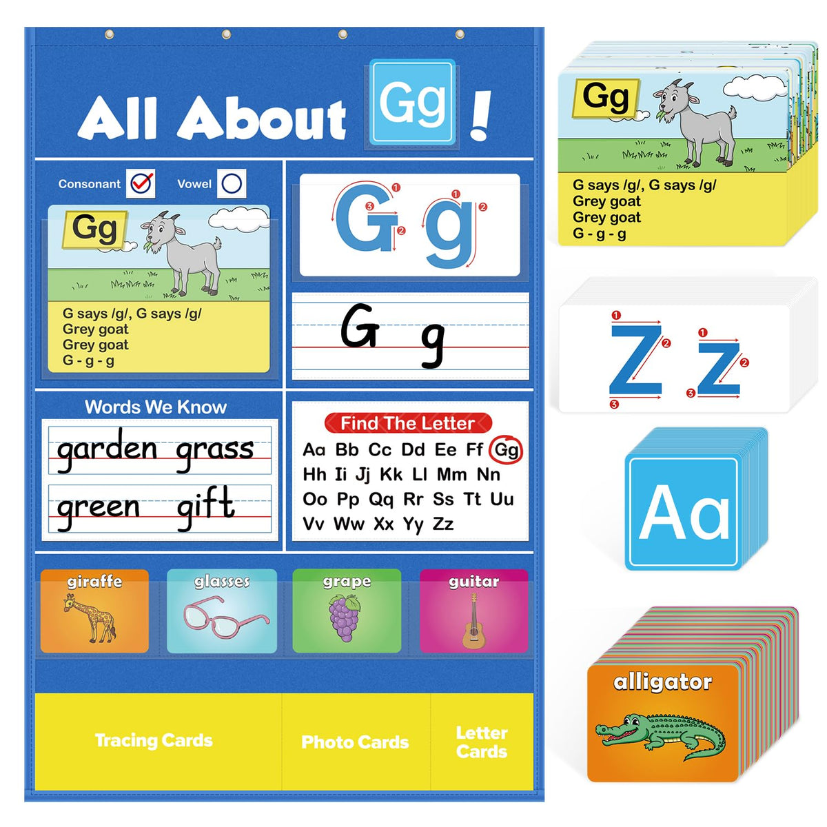 Torlam Alphabet Learning Pocket Chart Alphabet Wall Chart ABC Flash Cards Learning Games, Handwriting Practice Letter Tracing for Kids Homeschool Preschool Kindergarten Learning Activities Must Haves