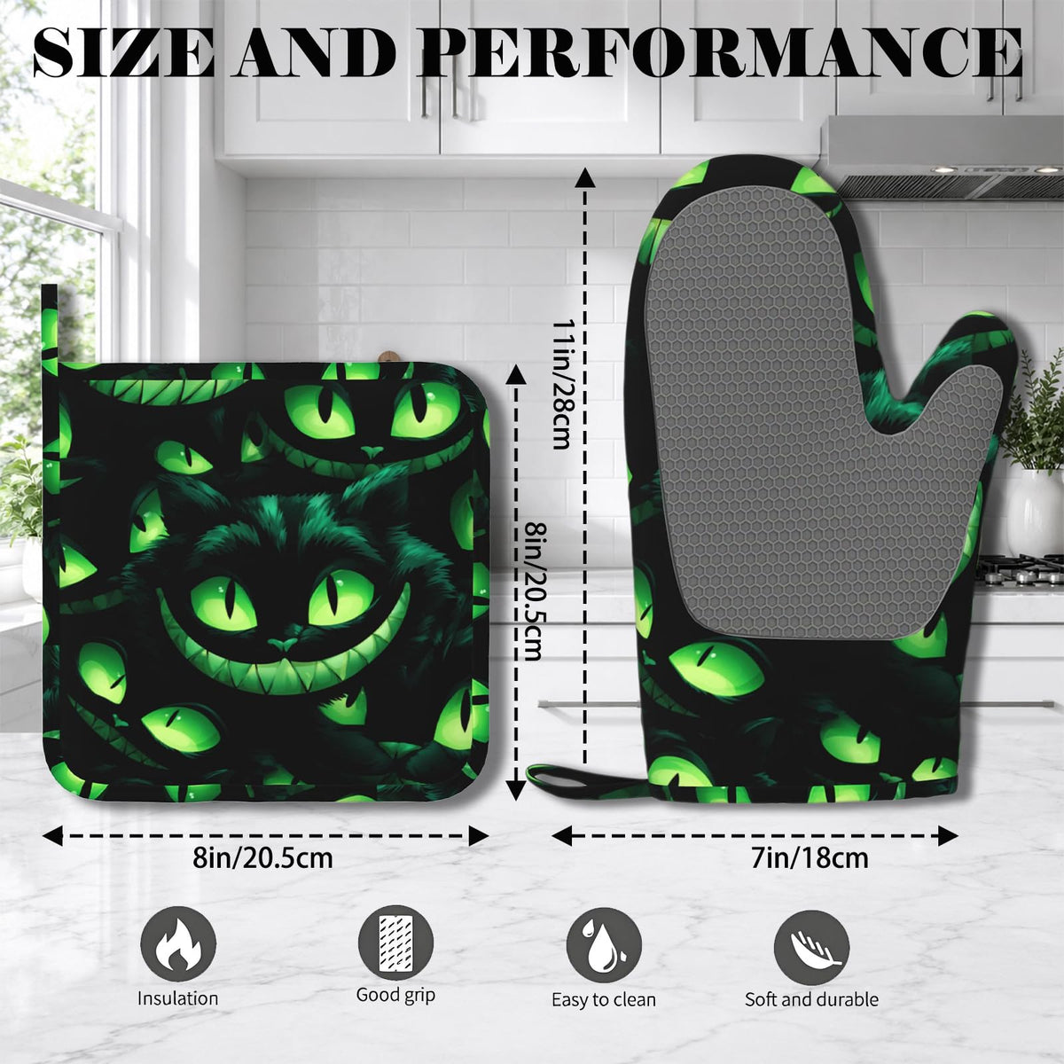 Halloween Ghost Face Heat-Resistant Oven Mitts and Pot Holder Smile Face Kitchen Non-Slip Silicone Cooking Microwave Gloves for BBQ Baking Grilling