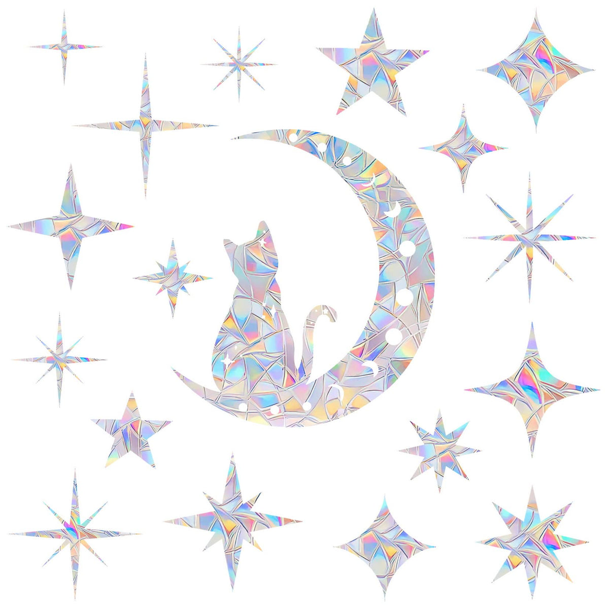 18 Pieces Cat Moon and Star Window Clings - Anti-Collision Decals to Save Birds from Glass Collisions,Non Adhesive, Reusable Rainbow Stickers