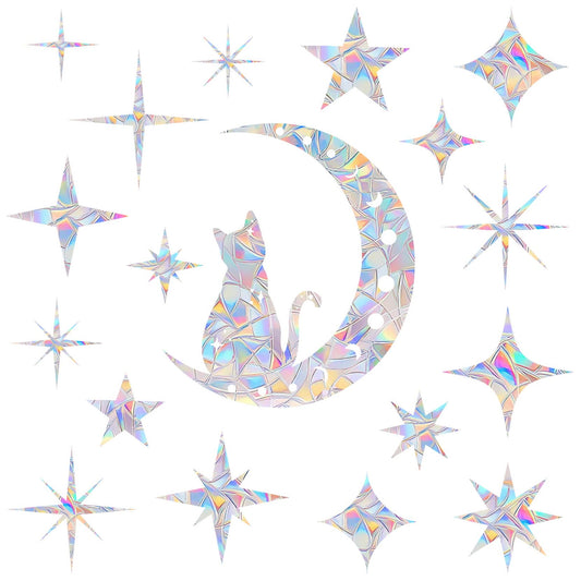 18 Pieces Cat Moon and Star Window Clings - Anti-Collision Decals to Save Birds from Glass Collisions,Non Adhesive, Reusable Rainbow Stickers