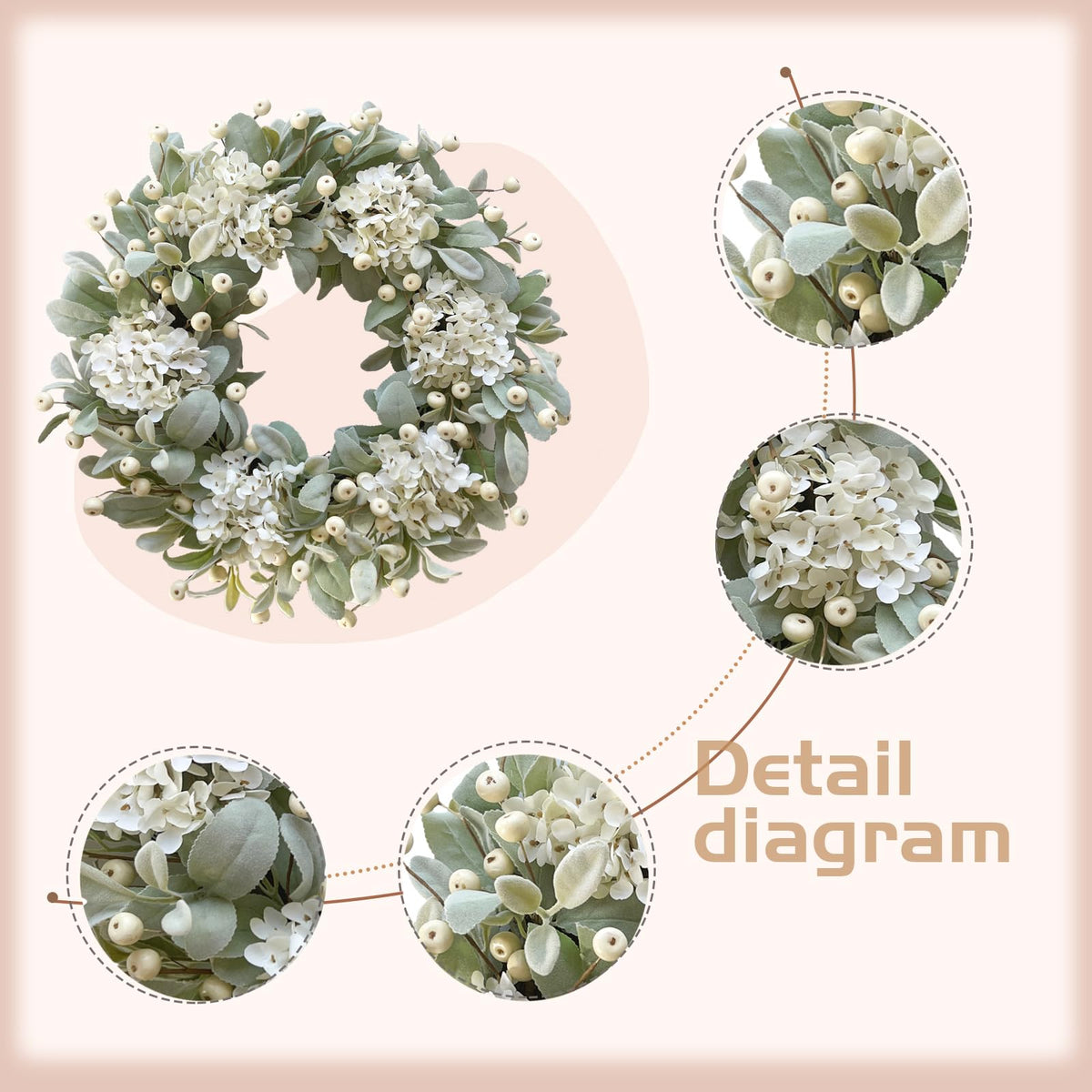 Idyllic 22 Inch Lambs Ears Leaves Everyday Wreath with Ivory Hydrangea and Cream Berries, Spring Summer Greenery Wreath with Burlap Ribbon Bow Knot for Doors, Rustic and Farmhouse Style Home Decor